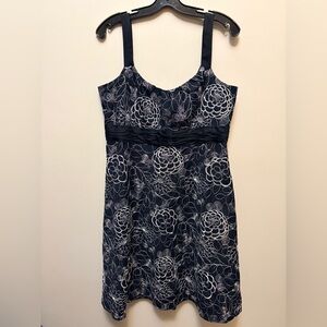 EVAN-PICONE Black & White Knee Length Cotton Dress w/ Embroidered Floral Pattern